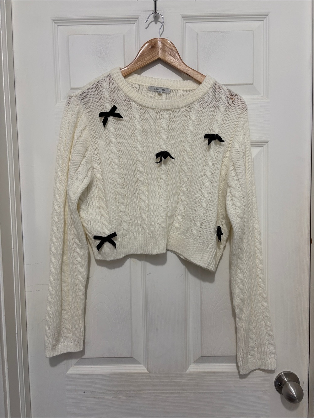Love Tree Cream Cable-Knit Sweater with Black Bows